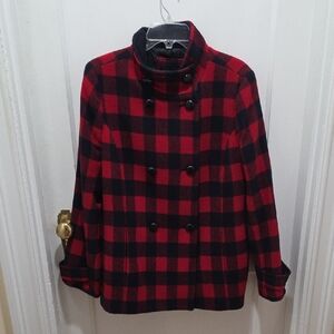 Talbots Red and Black Plaid Pea Coat